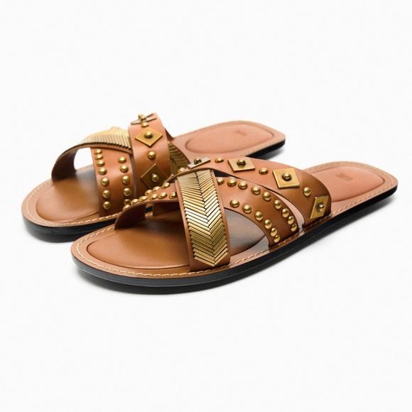 ZARA Tan & Gold Leather Strappy Sandals Size 9 - Picture 1 of 6
